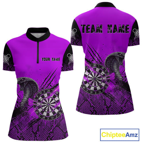 Black & Purple Leather Cobra Darts Custom Women Dart 1/4-Zip Jersey Splatter Dart League Shirt NYN2048