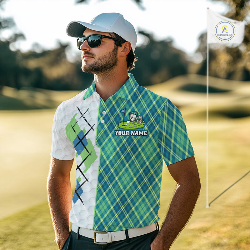 Green And Blue Argyle Golf Apparel Funny Skeleton Golf Polos For Men Custom Golf Team Outfits NYN3323