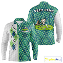 Load image into Gallery viewer, Long-sleeve shirt with plaid argyle design and cartoon character on a white background.