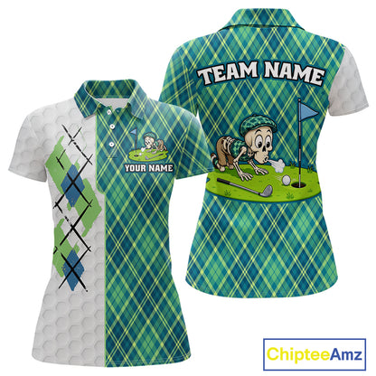 Golf-themed polo shirt with plaid design and cartoon character, featuring 'Team Name' and 'Your Name' text.