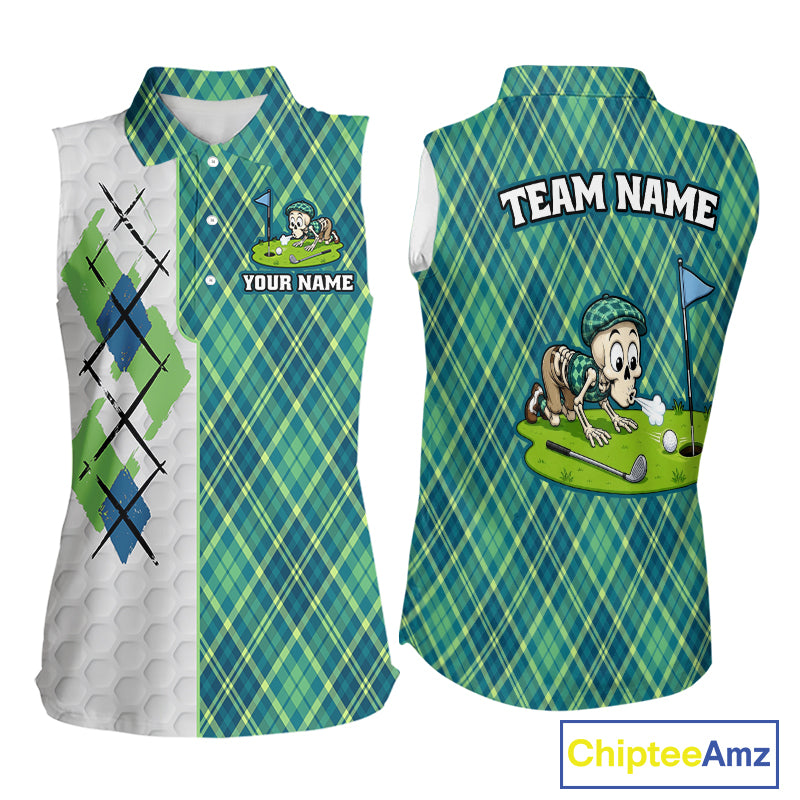 Sleeveless golf shirt with plaid argyle pattern and cartoon character on a white background