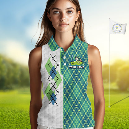 Green And Blue Argyle Golf Apparel Funny Skeleton Golf Sleeveless Polos For Women Custom Golf Team Outfits NYN3323