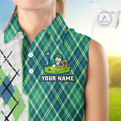 Green And Blue Argyle Golf Apparel Funny Skeleton Golf Sleeveless Polos For Women Custom Golf Team Outfits NYN3323