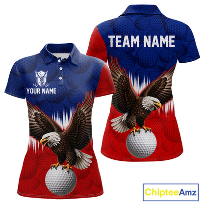 Red blue American flag eagle golf polo shirt for women patriotic golf jersey