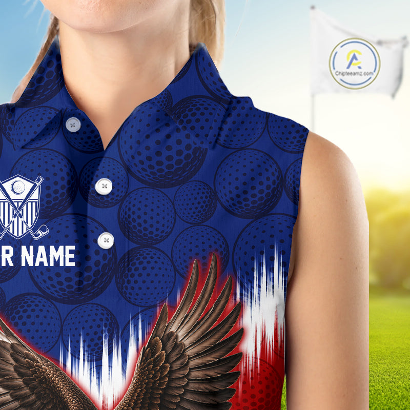 Person wearing a blue sleeveless shirt with a golf ball pattern and eagle design, with a blurred golf course in the background.