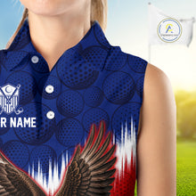 Load image into Gallery viewer, Person wearing a blue sleeveless shirt with a golf ball pattern and eagle design, with a blurred golf course in the background.