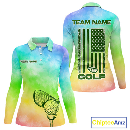 Rainbow tie dye golf polo long sleeve shirt for women colorful smoke golf team apparel