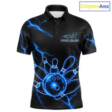 Load image into Gallery viewer, Blue Lightning Thunder Neon Bowling Polo Shirt For Men Custom Bowling Team Jersey Personalized League Bowler Apparel