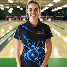 Load image into Gallery viewer, Female bowler wearing Blue Lightning Thunder Neon bowling jersey custom bowling tournament apparel