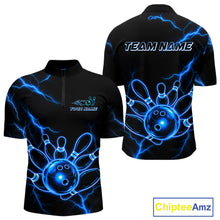 Load image into Gallery viewer, Blue Lightning Thunder Neon Bowling Quarter-Zip Shirt For Men Custom Bowling League Team Jersey