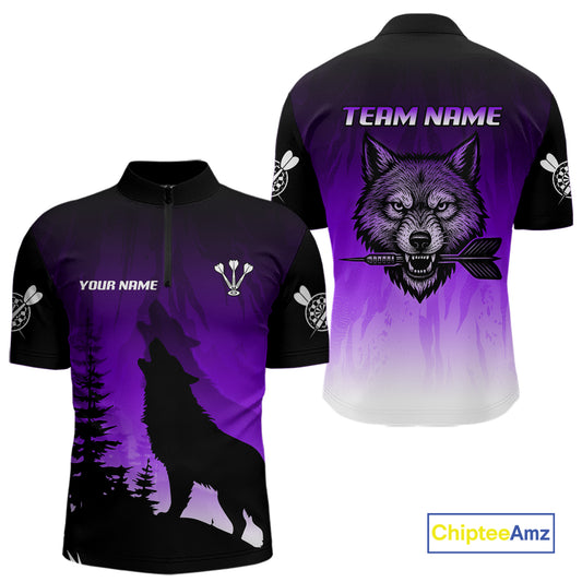 Personalized Wolf-Head Dart Arrows Purple Dart Quarter-Zip Shirt For Men Dart Team Jerseys NYN2283