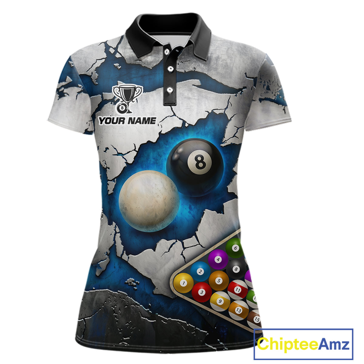 Blue And Grey Cracked 8 Ball Billiard Polo & 1/4 Zip Shirt For Women Custom Billiard Pool Team Shirt NYN2942