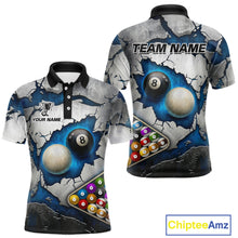 Load image into Gallery viewer, Blue And Grey Cracked 8 Ball Billiard Polo &amp; 1/4 Zip Shirt For Men Custom Billiard Pool Team Shirt NYN2942