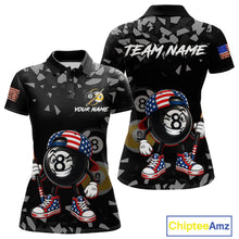 Load image into Gallery viewer, US Flag Funny 8 Ball Women's Billiard Polo Shirt Custom Patriotic Pool Team Jersey Apparel