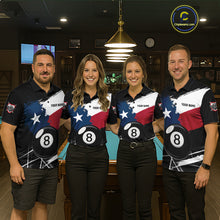Load image into Gallery viewer, Men women billiard team wearing Texas Flag Splash patriotic pool jerseys