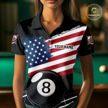 Load image into Gallery viewer, Female billiard player wearing American Flag Splash 8 Ball billiard jersey