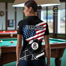 Load image into Gallery viewer, Female billiard player wearing American Flag Splash 8 Ball billiard jersey