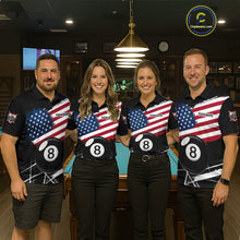 Load image into Gallery viewer, Men women pool team wearing American Flag Splash 8 Ball patriotic uniforms