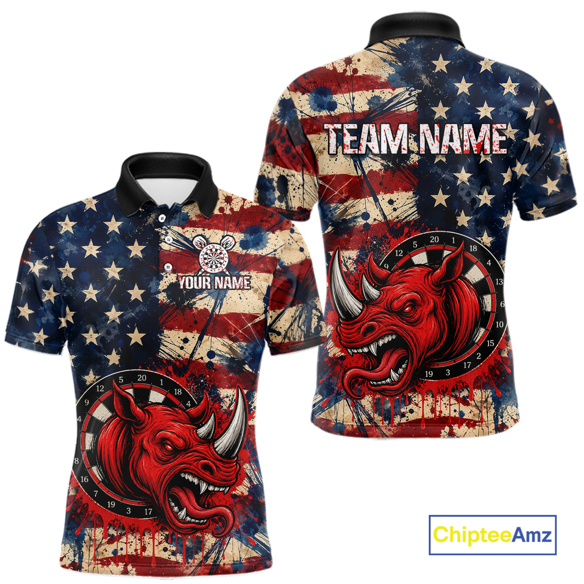 Red dripping rhino dart polo shirt for men grunge American flag apparel