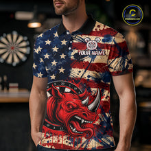 Load image into Gallery viewer, Red Dripping Rhino Funny Men Darts Polo 1/4-Zip Shirt Custom Grunge American Flag Dartboard Apparel NYN3358