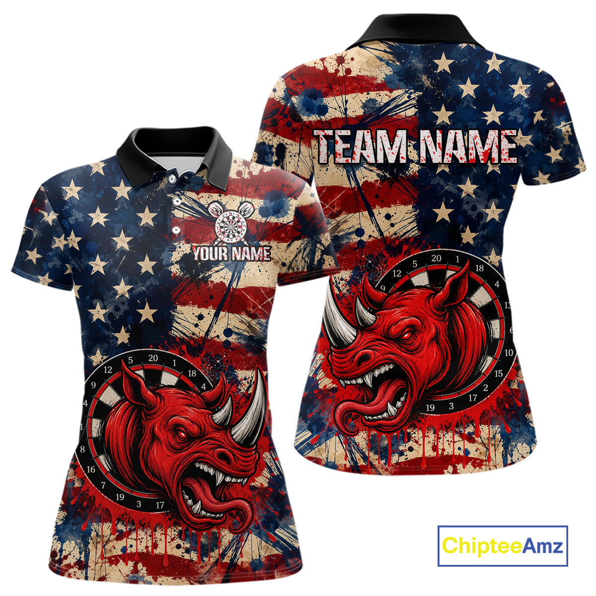 Red dripping rhino dart polo shirt for women grunge American flag apparel