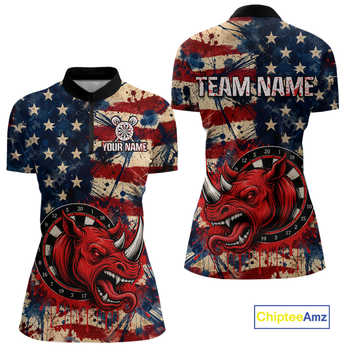 Red dripping rhino dart 1/4-zip shirt for women grunge American flag apparel