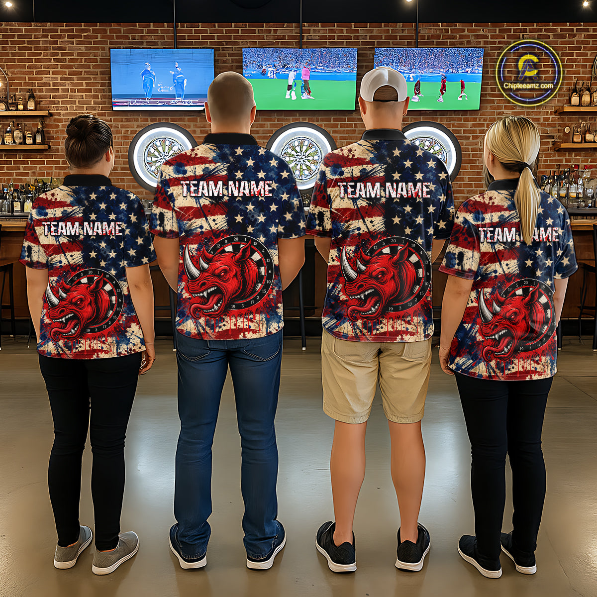 Red Dripping Rhino Funny Women Darts Polo 1/4-Zip Shirt Custom Grunge American Flag Dartboard Apparel NYN3358