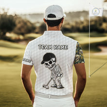 Load image into Gallery viewer, Male golfer wearing tropical skull golf polo at luxury golf resort, ideal for vacation golf, tropical lifestyle and adventurous golfers