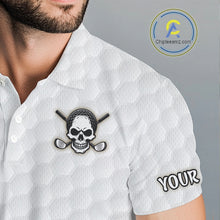 Load image into Gallery viewer, Male golfer wearing tropical skull golf polo at luxury golf resort, ideal for vacation golf, tropical lifestyle and adventurous golfers