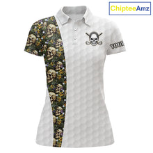 Load image into Gallery viewer, Women's tropical golf polo with skull artwork and golf ball pattern, custom performance golf shirt for golf vacations, summer tournaments and beach resorts.