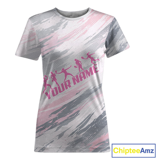 Custom Pink Grey Paint Pickleball Ball & Paddle T-Shirt For Women Outfits Pickleball Jersey NYN2577