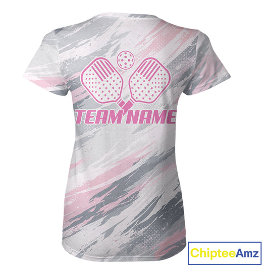 Custom Pink Grey Paint Pickleball Ball & Paddle T-Shirt For Women Outfits Pickleball Jersey NYN2577