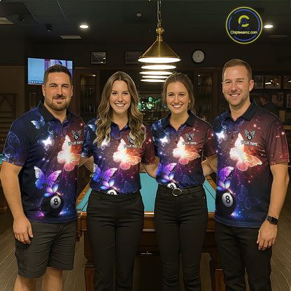Multi-Color Butterfly 8 Ball Pool Polo & 1/4 Zip Shirts For Women Custom Pool Billiard Team Jerseys NYN2972