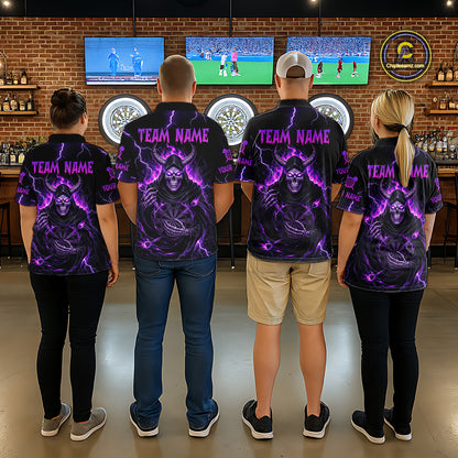 Purple Neon Flaming Grim Reaper Men Darts Quarter-Zip Jerseys Custom Name Dart League Shirt NYN2064