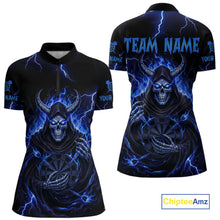 Load image into Gallery viewer, Blue Neon Flaming Grim Reaper Women Darts Quarter-Zip Jerseys Custom Name Dart League Shirt NYN2065