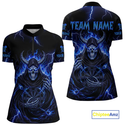 Blue Neon Flaming Grim Reaper Women Darts Quarter-Zip Jerseys Custom Name Dart League Shirt NYN2065