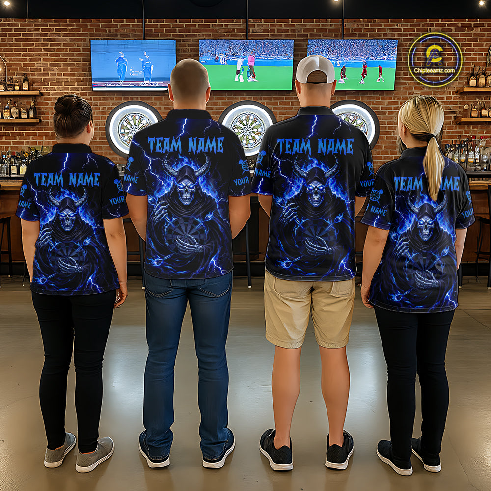Blue Neon Flaming Grim Reaper Women Darts Polo Jerseys Custom Name Dart League Shirt NYN2065