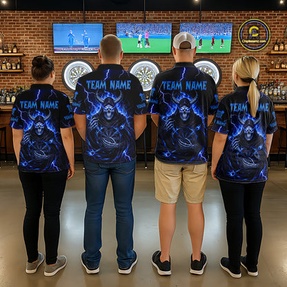 Blue Neon Flaming Grim Reaper Women Darts Polo Jerseys Custom Name Dart League Shirt NYN2065
