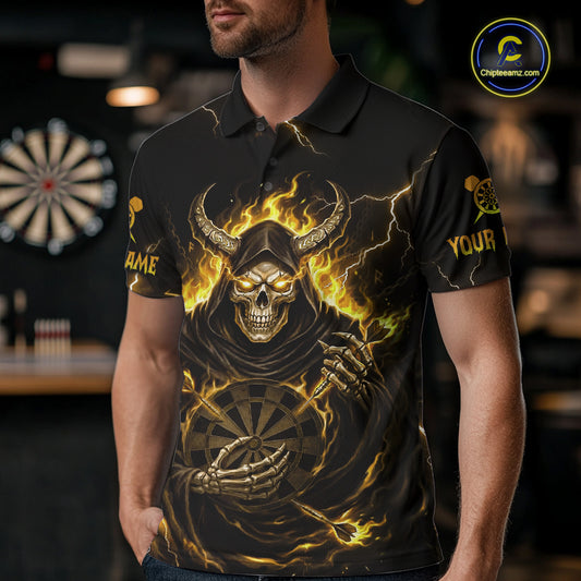 Yellow Neon Flaming Grim Reaper Men Darts Polo Jerseys Custom Name Dart League Shirt NYN2066