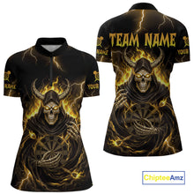 Load image into Gallery viewer, Yellow Neon Flaming Grim Reaper Women Darts Quarter-Zip Jerseys Custom Name Dart League Shirt NYN2066