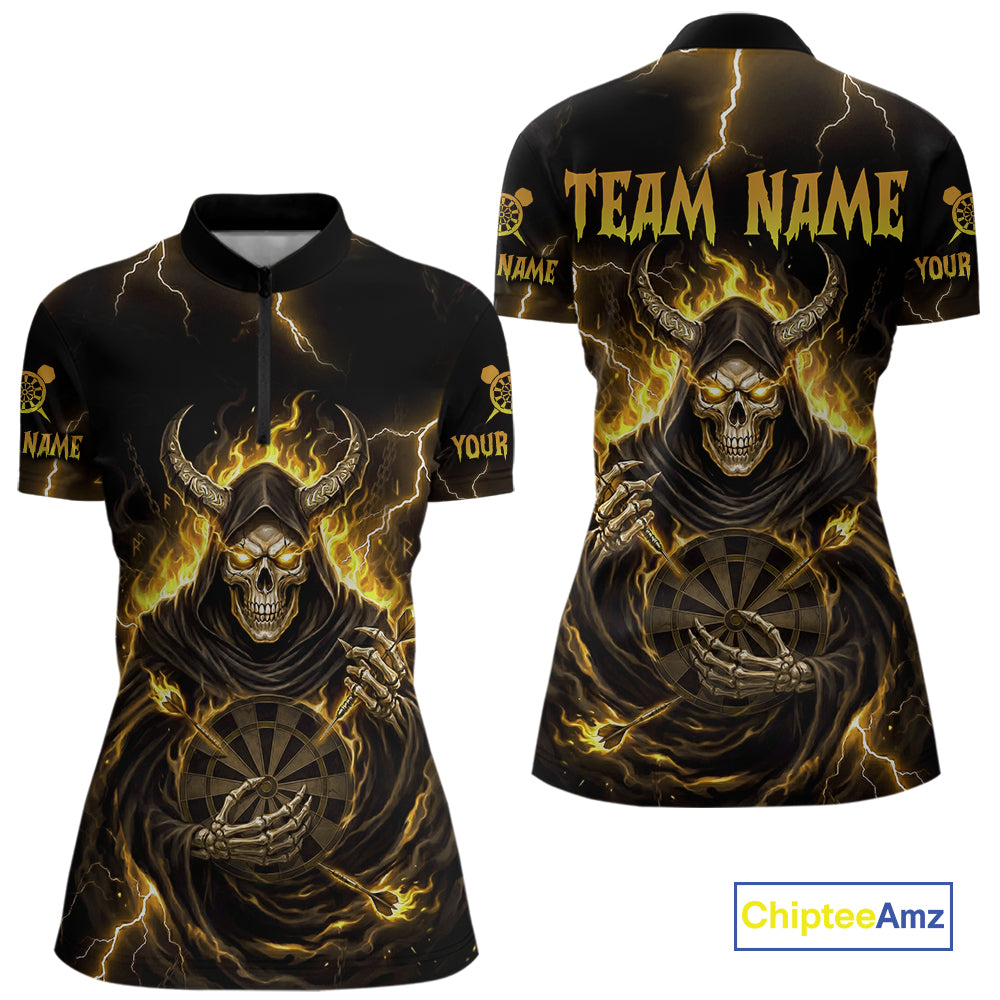 Yellow Neon Flaming Grim Reaper Women Darts Quarter-Zip Jerseys Custom Name Dart League Shirt NYN2066