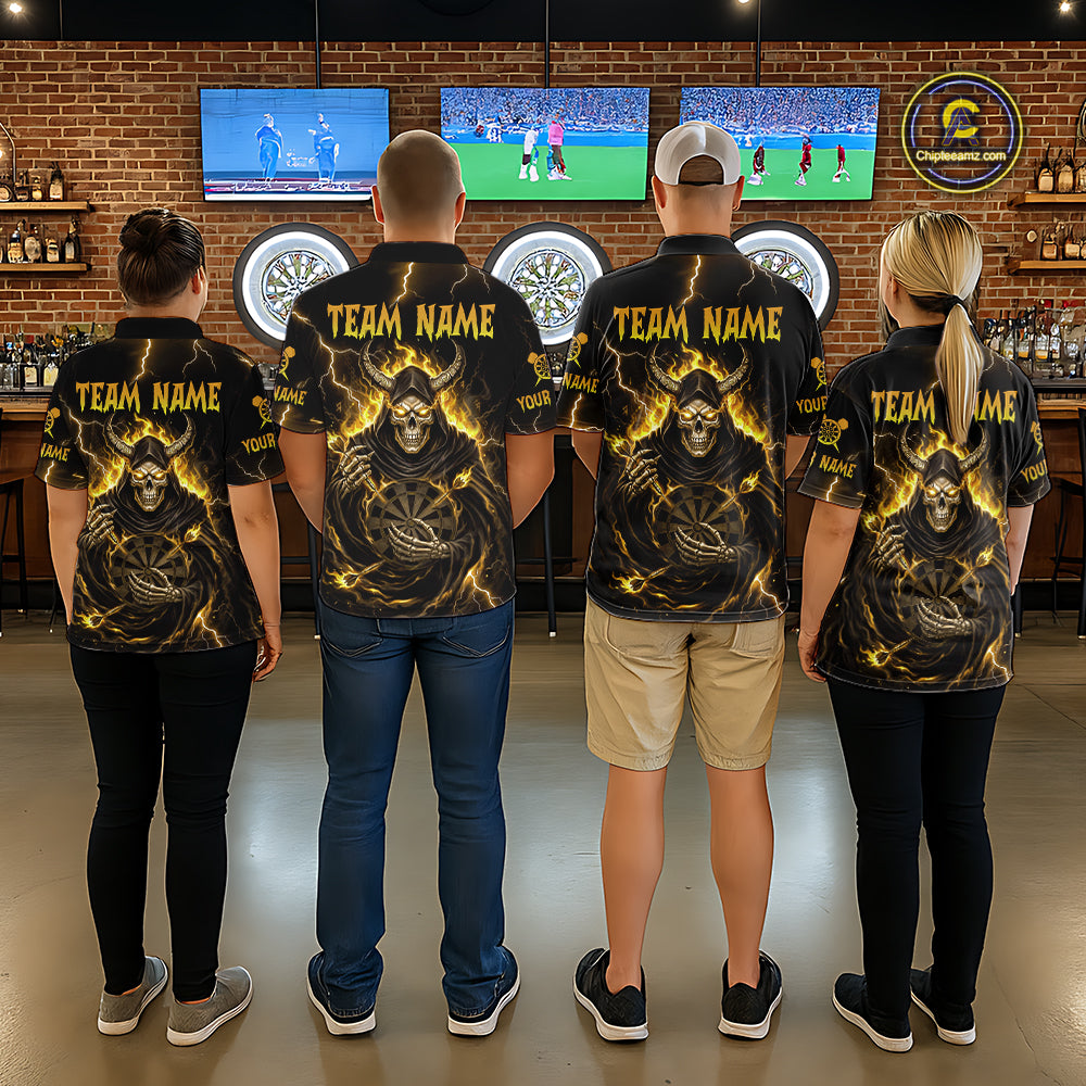 Yellow Neon Flaming Grim Reaper Men Darts Polo Jerseys Custom Name Dart League Shirt NYN2066