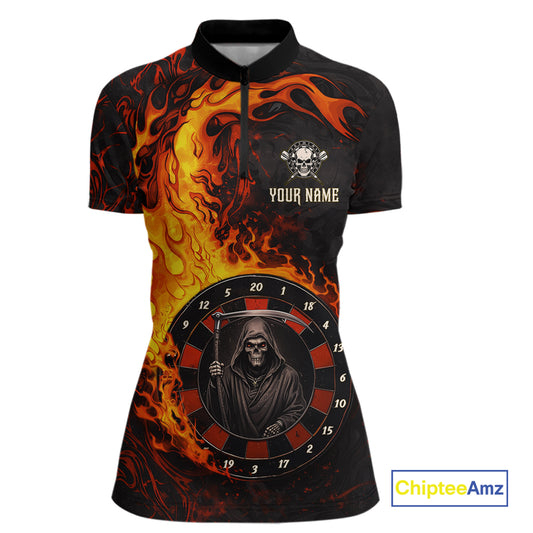 Grim Reaper Red Flaming Dartboard Women Darts 1/4-Zip Shirt Personalized Grunge Darts Team Jerseys NYN2600
