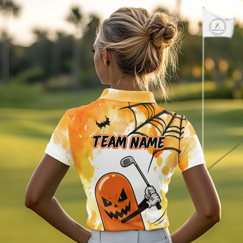 Female golfer wearing Spooky Ice Cream golf polo, Halloween golf fashion, golf outing apparel, playful golf clothing
