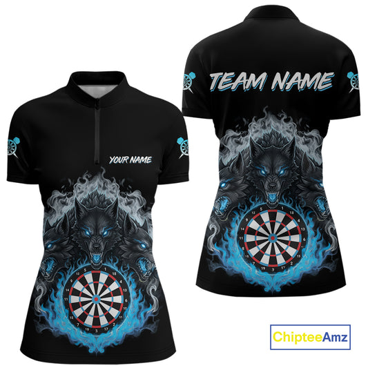 Grey And Blue Flames Wolf Custom Women's Funny Dart Quarter-Zip Shirts Team Dart League Jerseys NYN2079