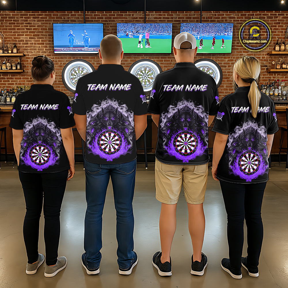 Grey And Purple Flames Wolf Custom Men's Funny Dart Quarter-Zip Shirts Team Dart League Jerseys NYN2080