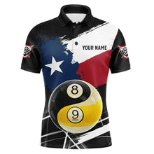 Load image into Gallery viewer, Men's billiard polo featuring Texas flag splash, Yin Yang symbol with 8 ball and 9 ball graphics, personalized performance apparel for APA leagues, Zen lifestyle enthusiasts and competitive pool players, symbolizing balance and precision.