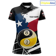 Load image into Gallery viewer, Women's billiard polo featuring Texas flag splash with Yin Yang, 8 ball and 9 ball graphics, premium custom pool apparel for APA teams, Zen lifestyle and tournament players.