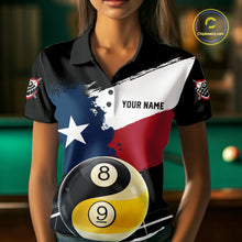 Load image into Gallery viewer, Female billiard player wearing Texas Yin Yang billiard jersey, representing balance, focus, confidence and championship mindset.