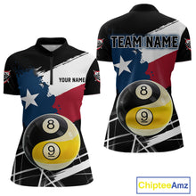 Load image into Gallery viewer, Women's quarter-zip billiard jersey featuring Texas flag splash, Yin Yang, 8 ball and 9 ball artwork, personalized performance apparel for league championships and professional teams.